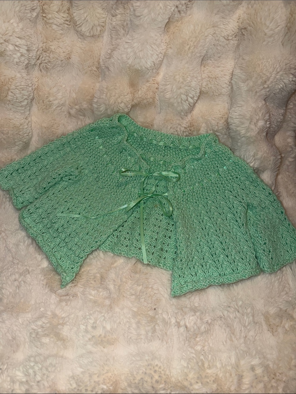 Hand-Knit Mint Green Baby Cardigan with Ribbon Tie